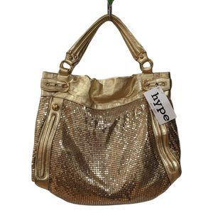 NWT Hype Women's Gold Metal Mesh Genuine Leather Bag with handle and tassels